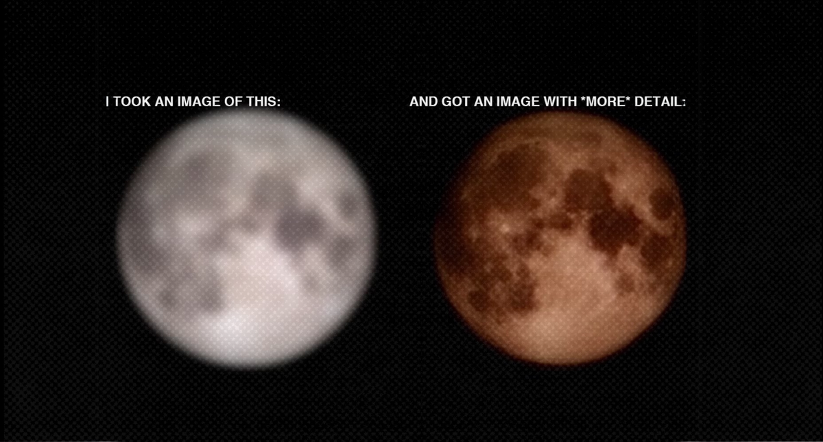 Side by side of a picture of the moon normally and using Samsung's AI imposed zoom