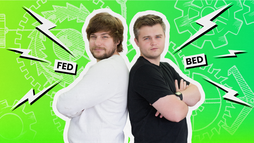 Our FED & BED Team Leads, Kev and Tom, stood back to back with their arms crossed looking directly at the camera.