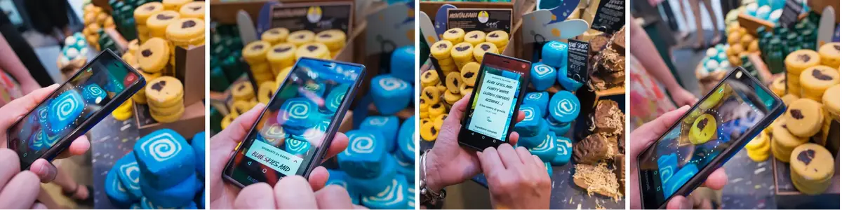 Photos of people using the app to scan Lush products