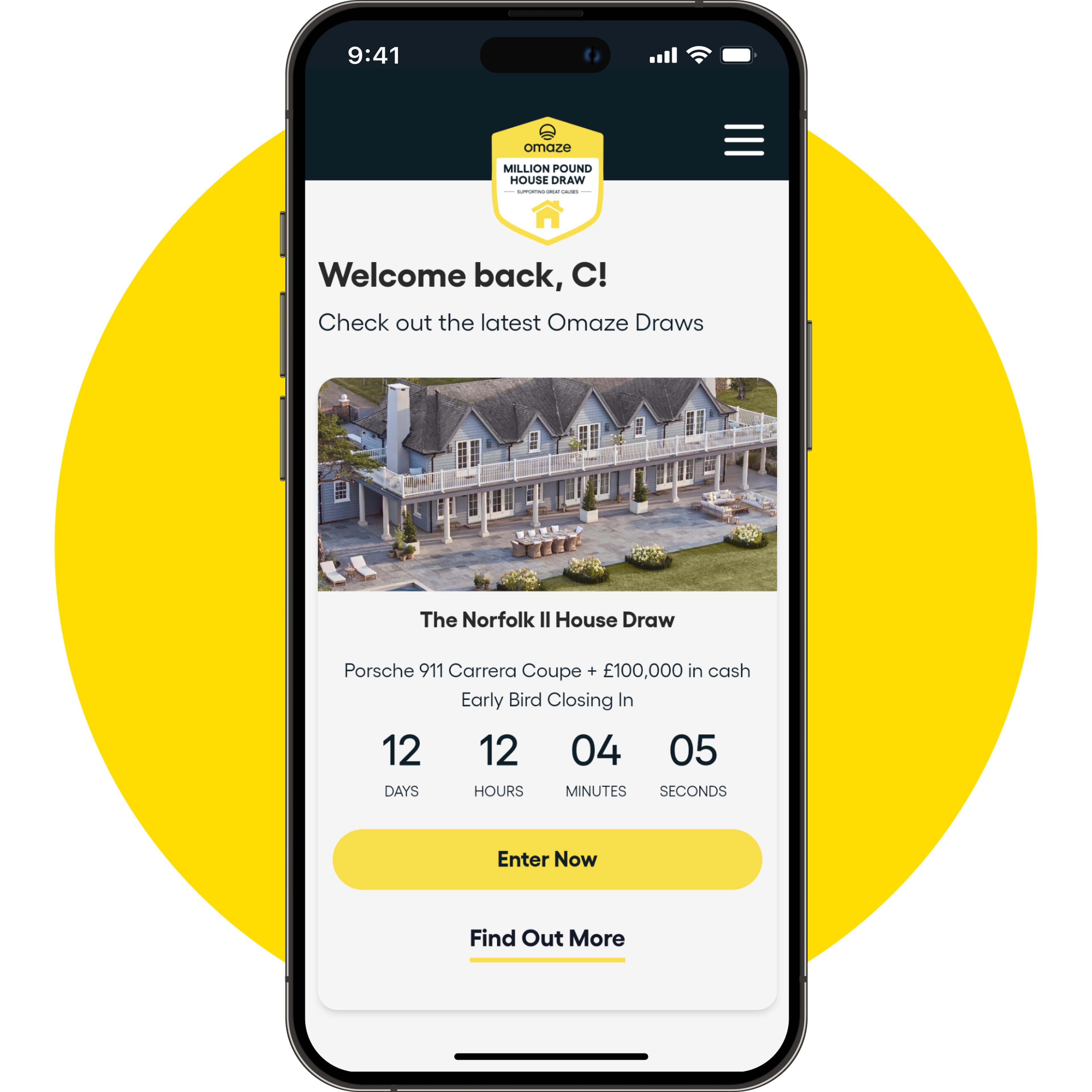 IPhone on a yellow circle. The screen shows a prize draw on the Omaze app for a big house in Norfolk. There is a countdown and a button to enter.