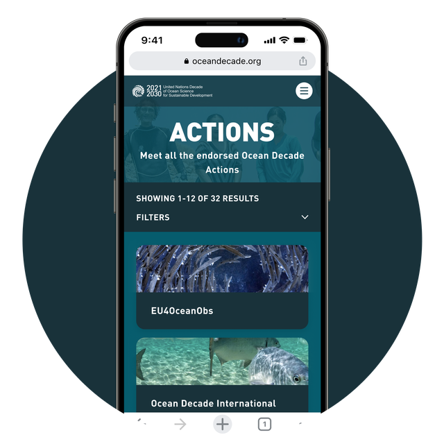 Phone screen showing the Ocean Decade 'Actions' page.