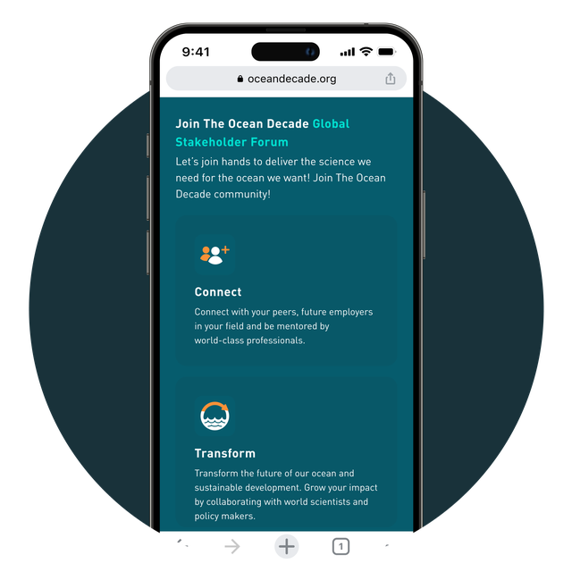 Phone screen displaying the Ocean Decade platform.