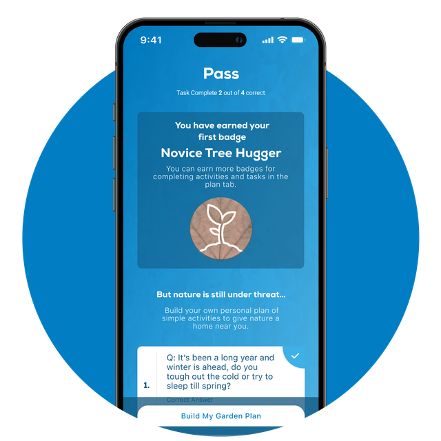 Phone screen displaying an example of a badges users can earn in the app.
