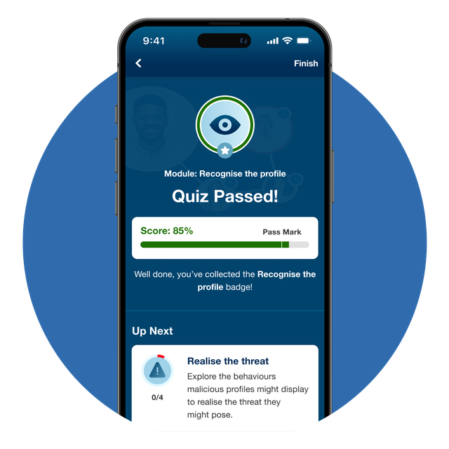 App with the 'Quiz Passed' view. A percentage score is shown in comparison to the pass mark.