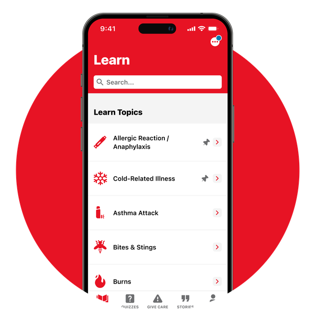 Phone screen showing the various first aid content in the app.