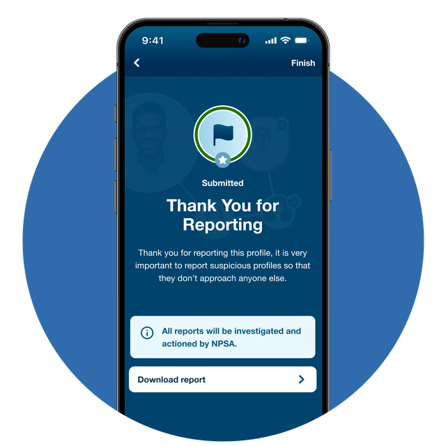 App displaying the 'Thank you for Reporting' message once a profile has been reported.