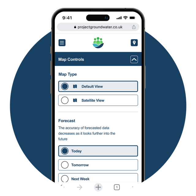 App showing the map controls, such as type and forecast.