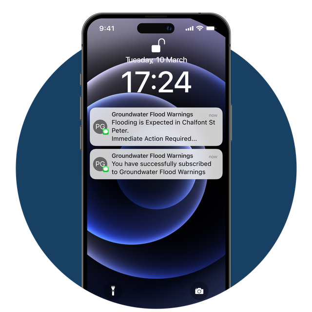 Phone screen showing Groundwater Flood Warning alerts.