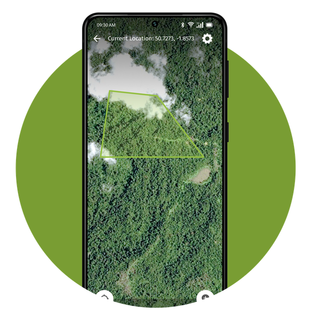 App with the map view and a highlighted area of interest.