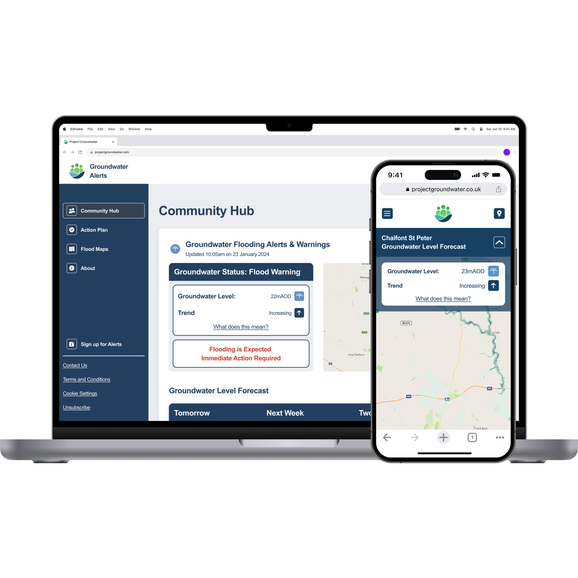 Desktop and mobile app showing the Project Groundwater platform.