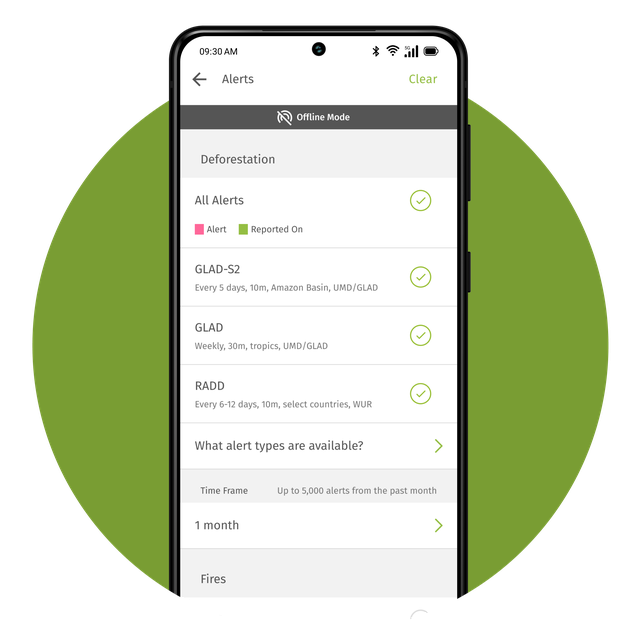 App showing the Alerts page with historical data and different types of alerts e.g. Deforestation and Fires.