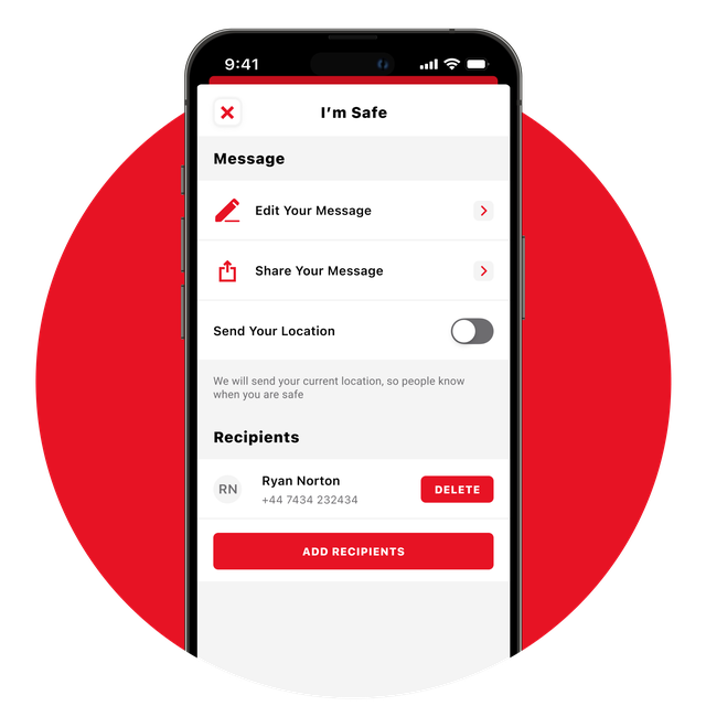 Phone screen showing the settings for the 'I'm Safe' message.