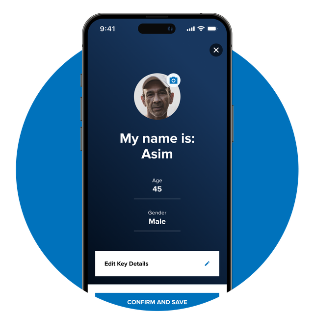 Phone screen displaying an example profile in the app.