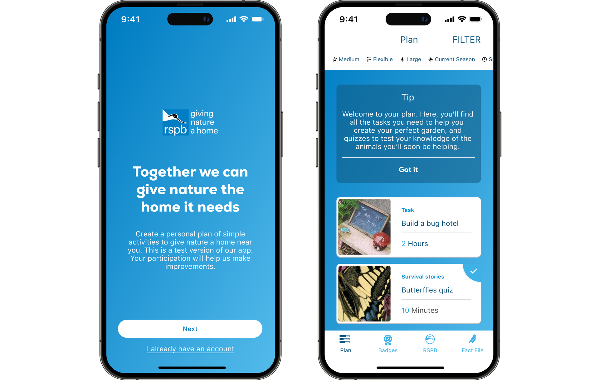 Two phone screen showing the app interface. The left shows the app login page and the right shows the 'Plan' page in the app.