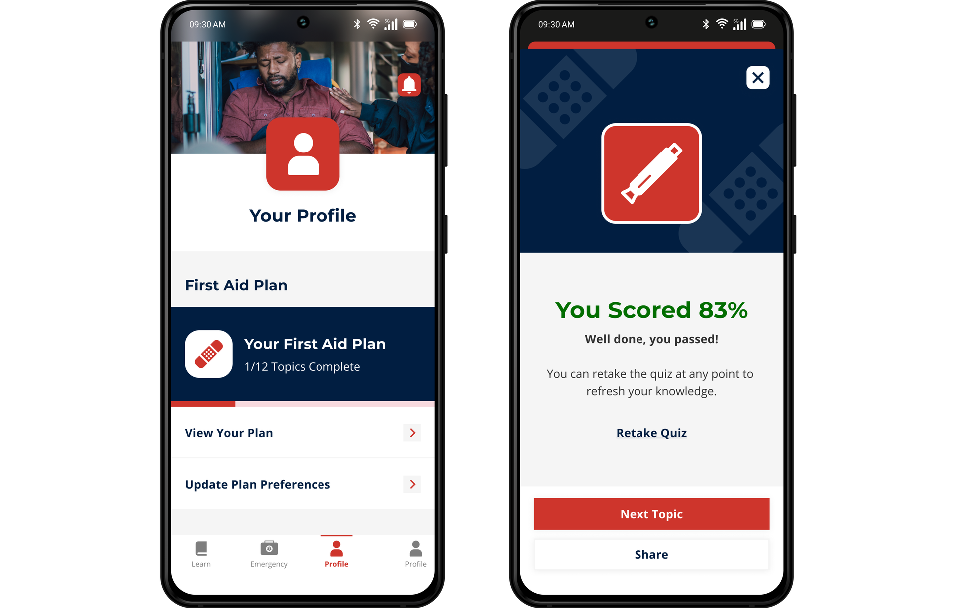 Two phone screens displaying the app interface. The left shows the user profile page and the right shows the quiz feature.