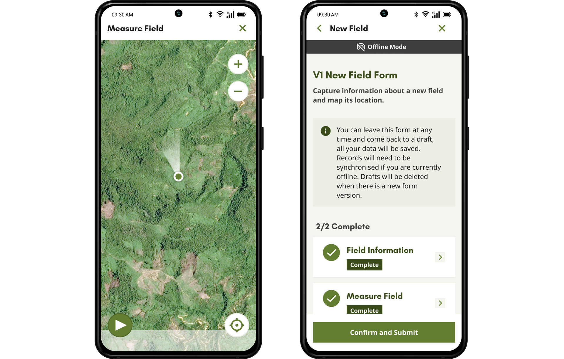 Two phone screens displaying the mapping and form features in the app.