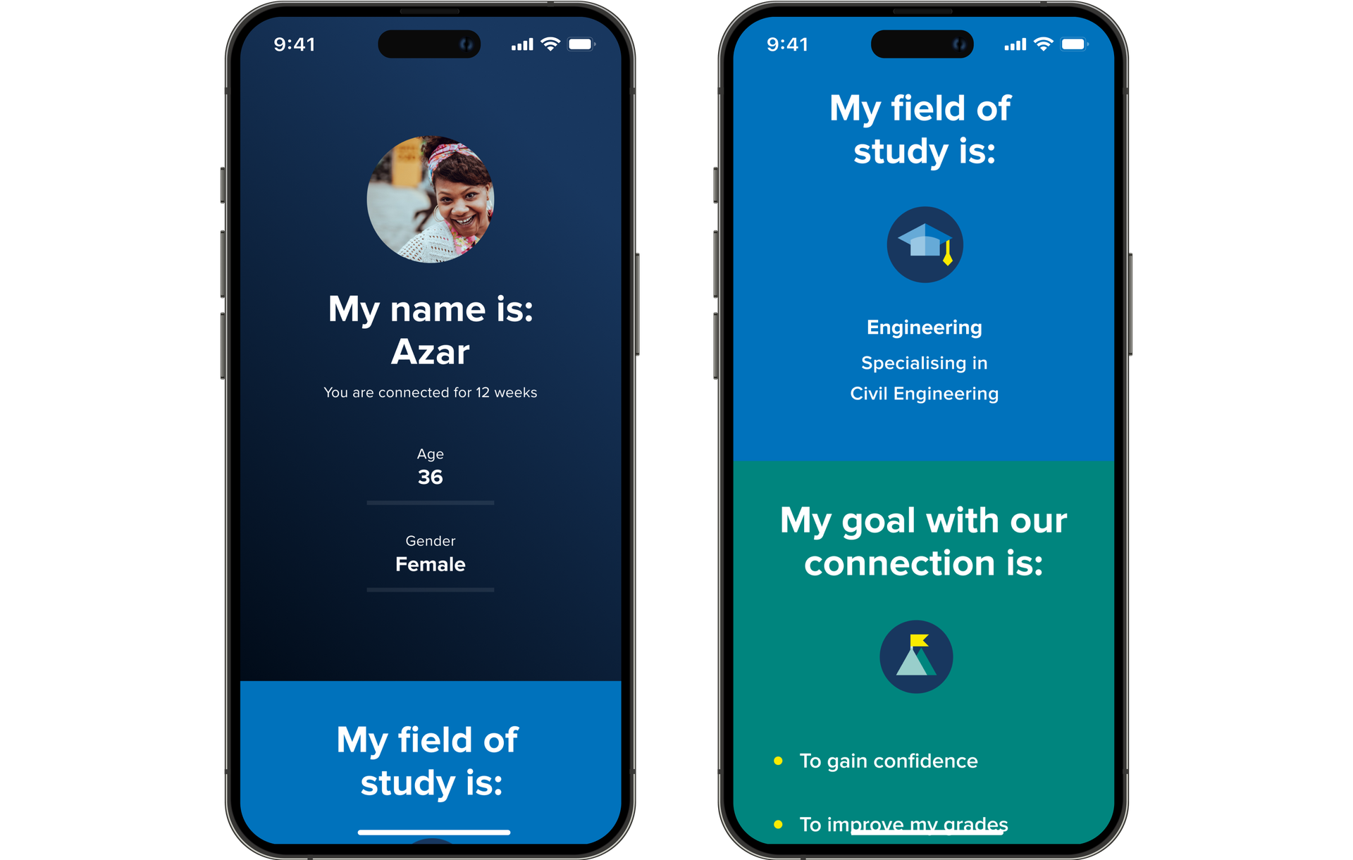 Two phone screens showing the different details shown on a profile. This includes informatio such as name, age, gender, field of study, and what their goal is with their mentor connection.
