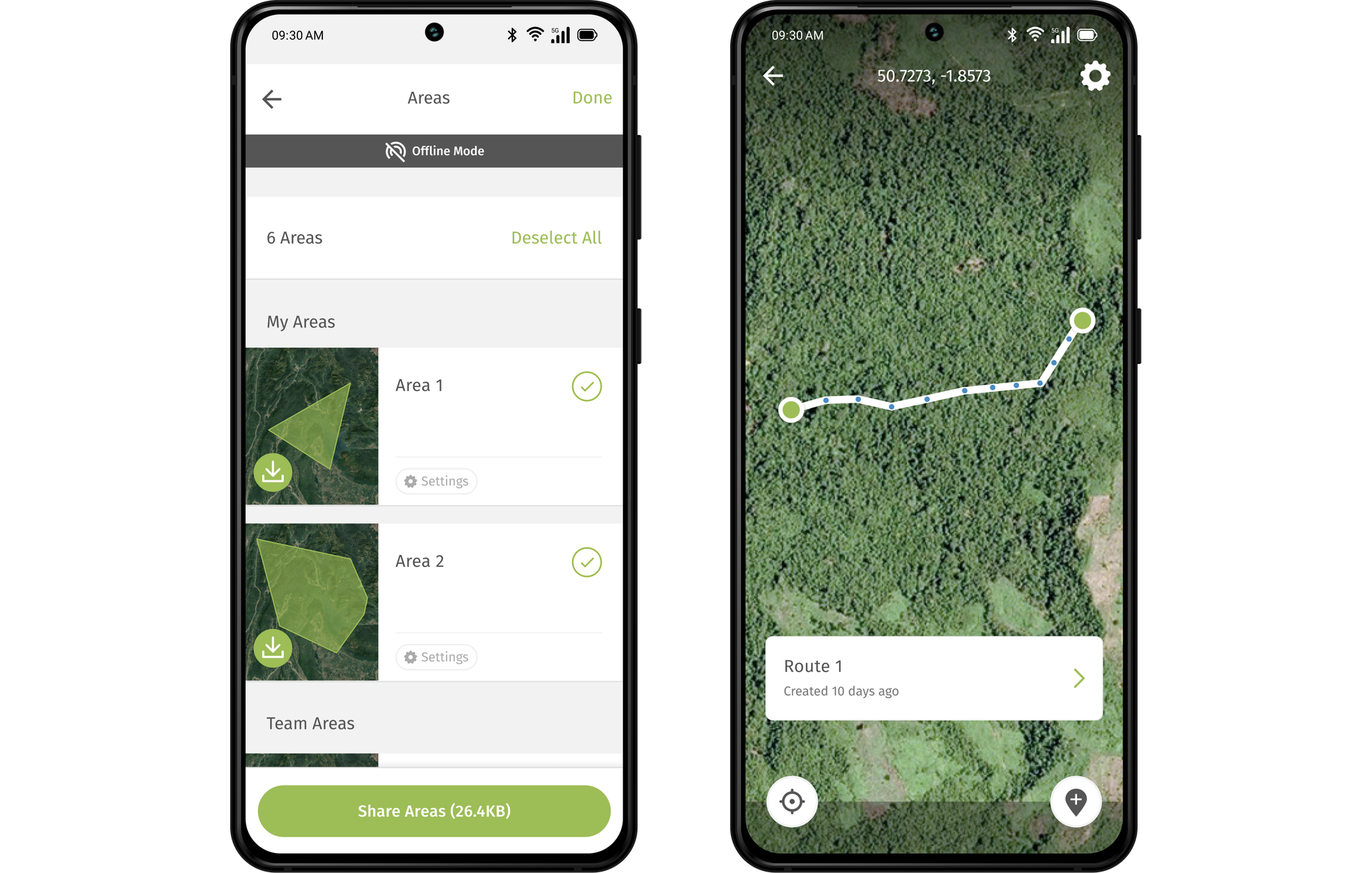 Two phone screens displaying the app. On the left is the 'Areas' view and on the right is the 'Map'.