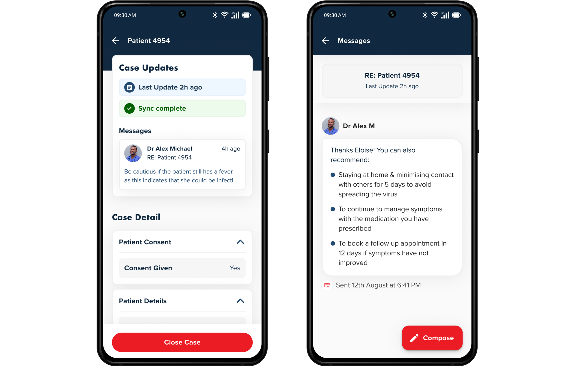 Two phone screens showing the app interface. The one on the left shows the Case Updates view, and the right shows the messages feature.