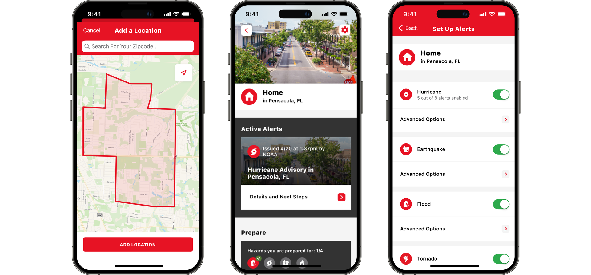 Three phone screens showing the app interface.