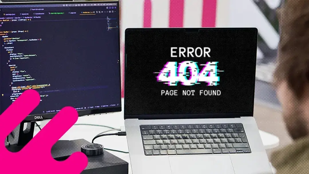 Two computer screens, one with lines of code and the other with 'Error 404 page not found' displayed