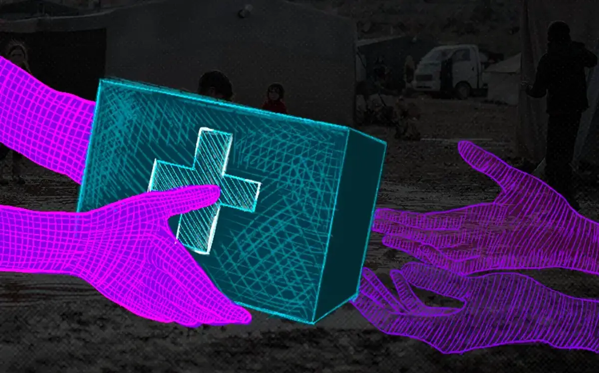 Hands passing an aid box to another pair of hands.